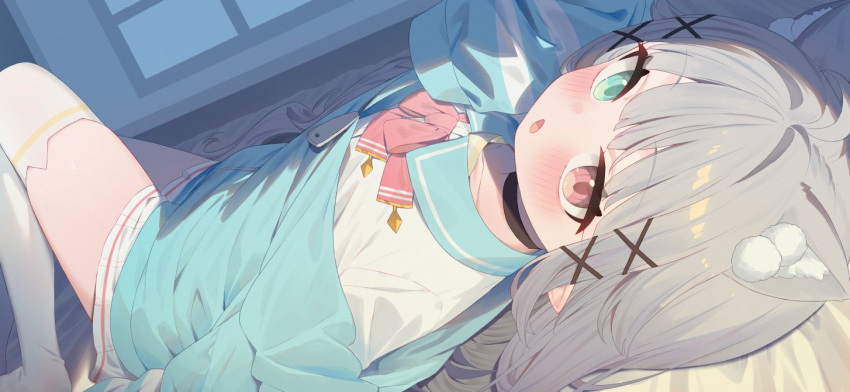 1girl ahoge animal_ear_fluff animal_ears black_choker blue_jacket blush bow bowtie cat_ears choker green_eyes grey_hair hair_ornament heterochromia indoors jacket long_hair long_sleeves looking_at_viewer lying on_back on_bed open_mouth original pink_bow pointy_ears red_eyes sailor_collar shirt sleeves_past_fingers sleeves_past_wrists solo thigh-highs tofu1601 white_thighhighs x_hair_ornament