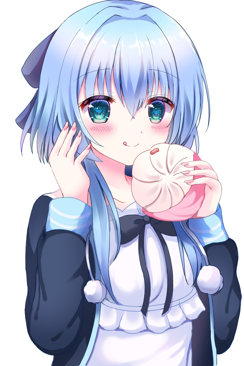 1girl :q baozi black_bow black_jacket blue_hair blush bow casual closed_mouth commentary_request eyes_visible_through_hair fingernails food green_eyes hair_between_eyes hair_intakes hamidashi_creative hands_up highres holding holding_food jacket long_sleeves looking_at_viewer nishiki_asumi open_clothes open_jacket pom_pom_(clothes) shione_shiose shirt short_hair_with_long_locks simple_background smile solo split_mouth tongue tongue_out upper_body white_background white_shirt