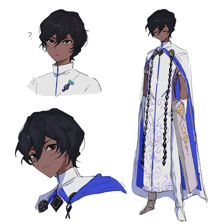1boy ? absurdres arjuna_(fate) black_eyes black_hair blue_cape cape closed_eyes closed_mouth dark-skinned_male dark_skin fate/grand_order fate_(series) hair_between_eyes highres kaigan0211 looking_at_viewer male_focus multiple_views pants shirt short_hair simple_background smile solo_focus tabard two-sided_cape two-sided_fabric white_background white_cape white_footwear white_pants white_shirt