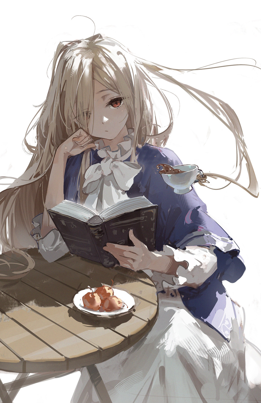 1girl absurdres blonde_hair book brown_eyes cup dino_(dinoartforame) elbow_rest expressionless food fruit hair_over_one_eye highres holding holding_cup long_hair looking_at_viewer plate sense_(sousou_no_frieren) simple_background solo sousou_no_frieren table tea teacup white_background wooden_table