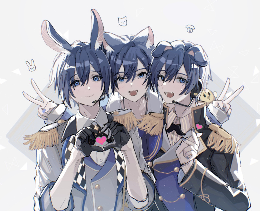 3boys :3 animal_ear_fluff animal_ears bird black_gloves blue_eyes blue_hair blue_nails cat_boy cat_ears checkered_clothes commentary dog_boy dog_ears double-parted_bangs epaulettes gloves headphones heart heart_hands highres jacket kaito_(vocaloid) light_smile linch long_sleeves multiple_boys nail_polish open_mouth project_sekai rabbit_boy rabbit_ears simple_background smile upper_body v vocaloid white_background wonderlands_x_showtime_(project_sekai)