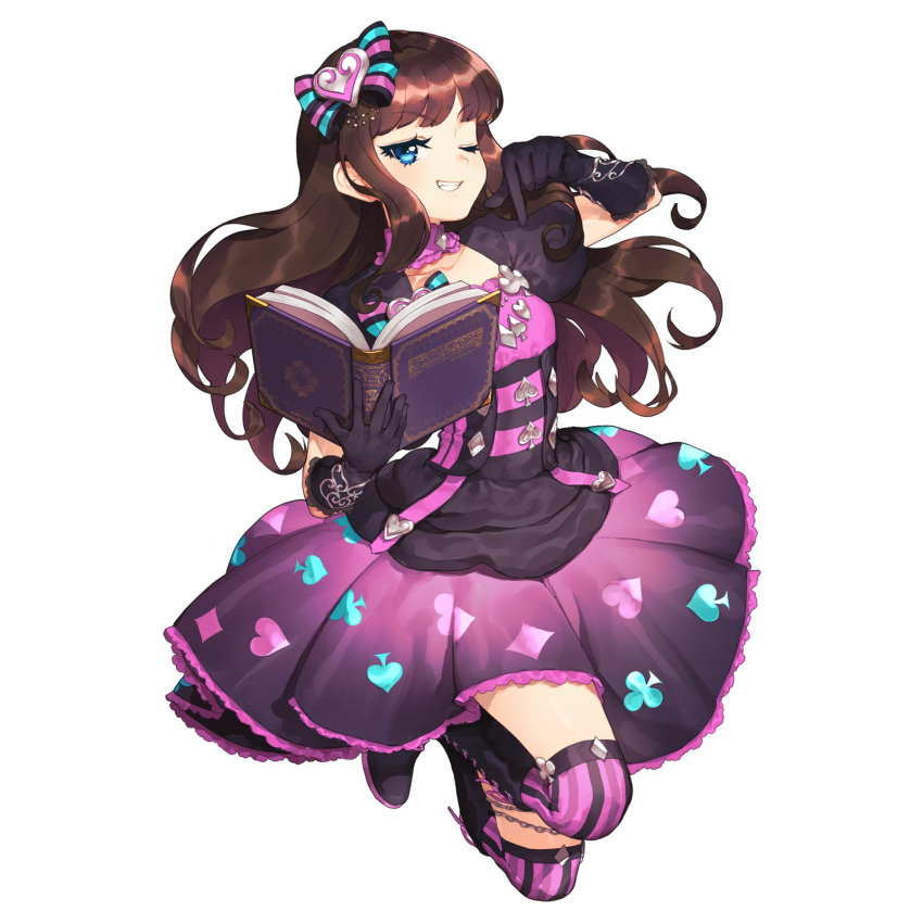 1girl black_footwear black_gloves blue_eyes book boots brown_hair club_(shape) detached_collar diamond_(shape) dress full_body gloves grin hair_ornament heart heart_hair_ornament highres hitoto holding holding_book knee_boots kurosu_aroma long_hair looking_at_viewer one_eye_closed open_book open_mouth pink_dress pink_thighhighs pointing pointing_down pretty_series pripara puffy_short_sleeves puffy_sleeves short_sleeves simple_background smile solo spade_(shape) thigh-highs white_background