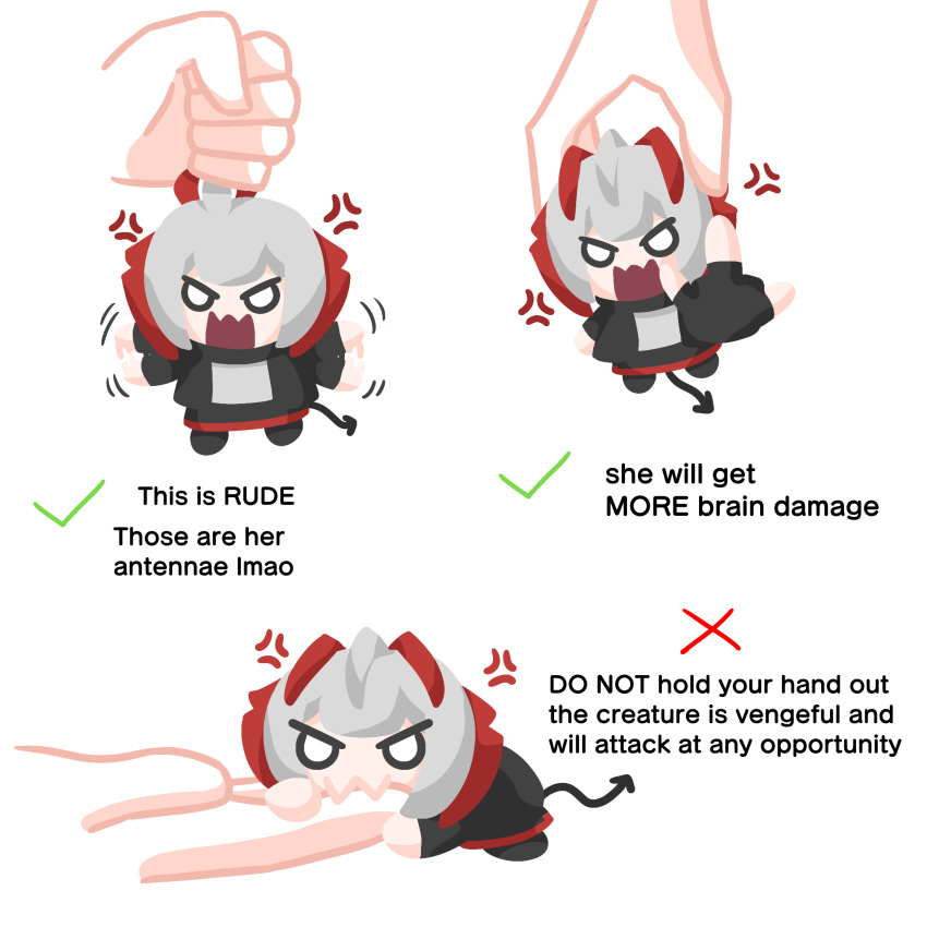 1girl 1other anger_vein angry antenna_hair antennae arknights biting biting_another's_finger checkmark chibi demon_girl demon_horns demon_tail english_text fangs grey_hair grey_shirt gribberoni highres horns how_to_hold_x_(meme) jacket meme middle_finger mini_person minigirl multiple_views open_clothes open_jacket open_mouth shirt simple_background skin_fangs solo_focus tail v-shaped_eyebrows w_(arknights) white_background x