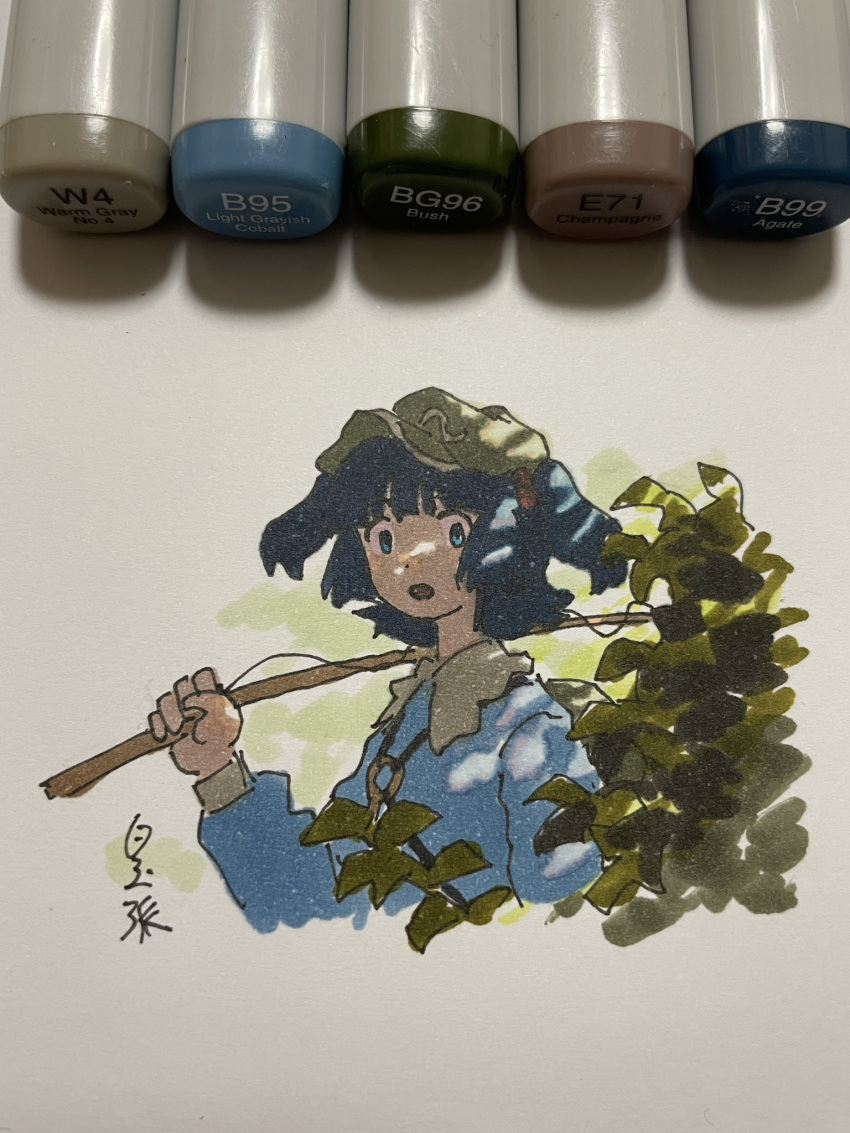 1girl art_tools_in_frame backpack bag baseball_cap blue_eyes blue_hair blue_shirt bush collared_shirt commentary_request cropped_torso facing_to_the_side fishing_rod green_headwear hair_bobbles hair_ornament hat highres holding holding_fishing_rod kawashiro_nitori key leaf long_sleeves looking_at_viewer marker marker_(medium) open_mouth photo_(medium) plant shiratama_(hockey) shirt short_hair signature solo touhou traditional_media two_side_up upper_body