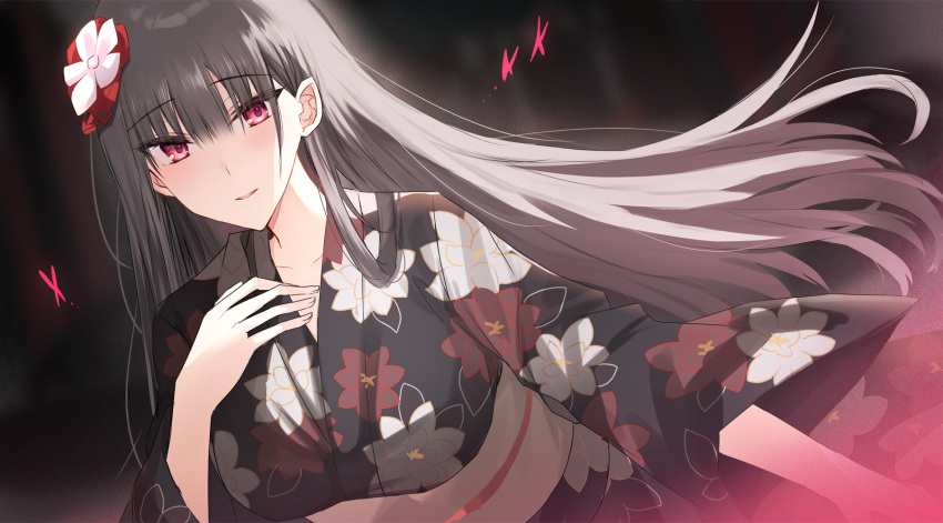 1girl black_hair black_kimono breasts collarbone commentary_request floral_print flower hair_between_eyes hair_flower hair_ornament highres japanese_clothes kimono kinona long_hair long_sleeves looking_at_viewer medium_breasts obi original parted_lips sash smile solo very_long_hair violet_eyes white_flower wide_sleeves