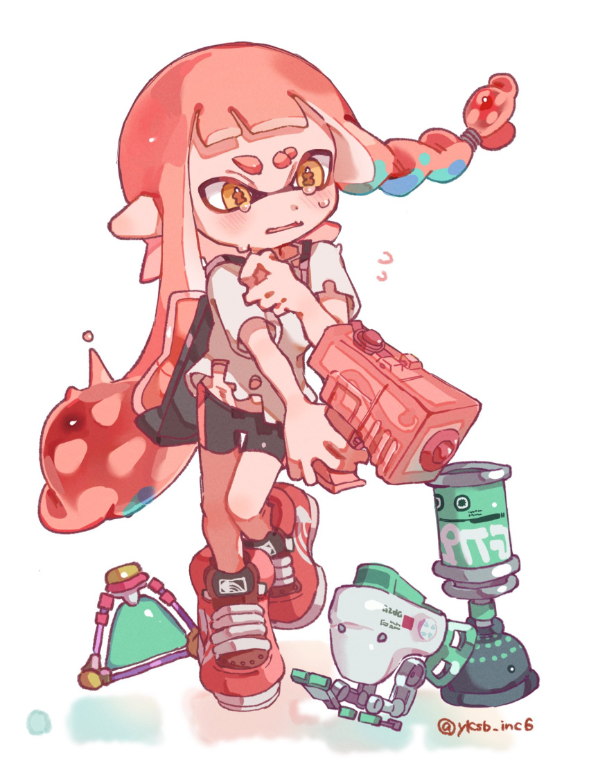 1girl artist_name autobomb_(splatoon) bike_shorts braid commentary cross-laced_footwear eyebrow_cut full_body gun highres holding holding_gun holding_weapon inkling_girl inkling_player_character long_hair open_mouth pointy_ears red_footwear redhead shirt shoes simple_background single_braid solo splat_bomb_(splatoon) splatoon_(series) splattershot_jr_(splatoon) standing standing_on_one_leg suction_bomb_(splatoon) tears tentacle_hair thick_eyebrows torn_clothes torn_shirt twitter_username weapon white_background white_shirt yellow_eyes yksb_inc6