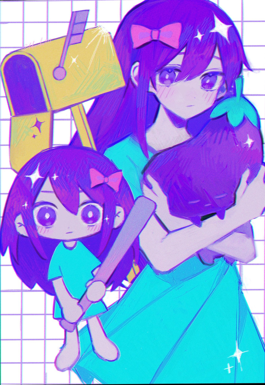 2girls aubrey_(omori) baseball_bat blue_dress bow bright_pupils chibi child cowboy_shot crossed_arms dress dual_persona female_child grid_background hair_between_eyes hair_bow highres holding holding_baseball_bat holding_stuffed_toy light_blush long_hair looking_at_viewer mailbox_(incoming_mail) multiple_girls omori pink_bow purple_hair short_sleeves simple_background sparkle standing stuffed_eggplant stuffed_toy takenaka_(takenaka1111) tomboy violet_eyes white_background white_pupils young