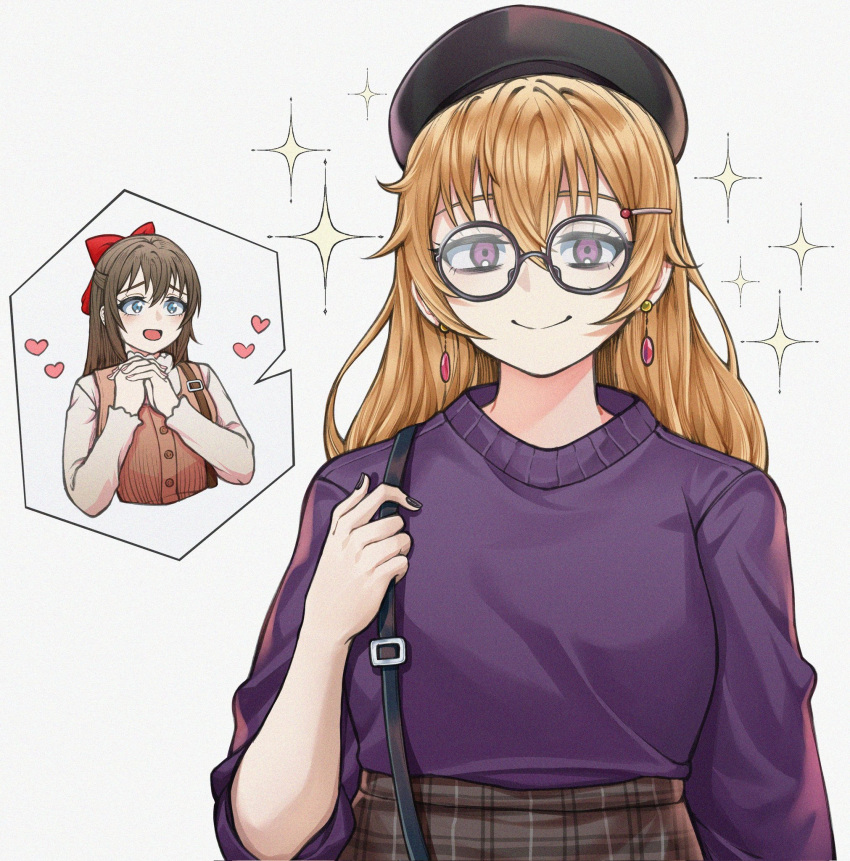 2girls beret bespectacled black_headwear blue_eyes bow brown_hair brown_skirt brown_vest closed_mouth commentary commentary_request earrings furrowed_brow glasses hair_between_eyes hair_bow hair_ornament hairclip hat heart highres interlocked_fingers jewelry konoe_kanata long_hair long_sleeves looking_at_another looking_at_viewer love_live! love_live!_nijigasaki_high_school_idol_club mayo_e multiple_girls open_mouth orange_hair ousaka_shizuku own_hands_clasped own_hands_together plaid plaid_skirt purple_sweater red_bow round_eyewear shirt sidelocks skirt smile solo_focus sparkle spoken_character sweater upper_body vest violet_eyes white_background white_shirt