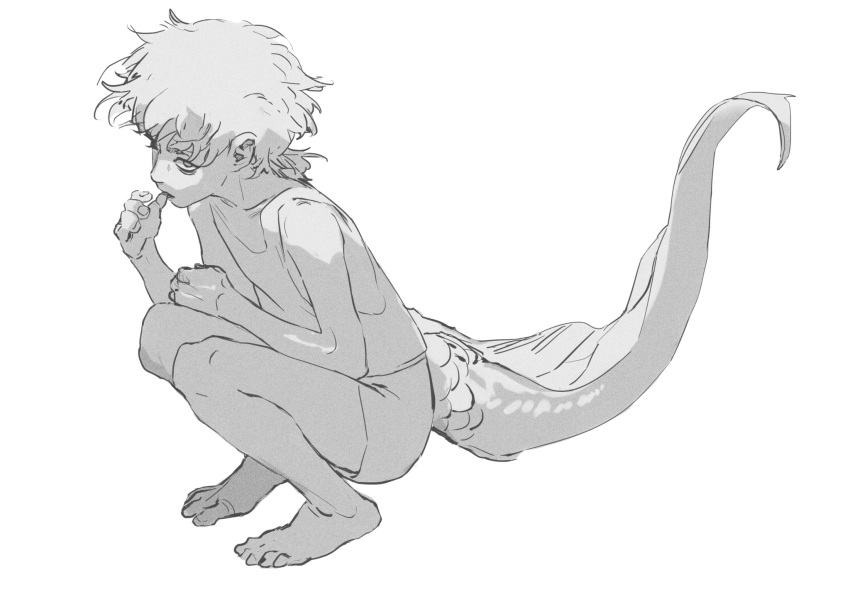 1boy barefoot fins full_body greyscale hand_up highres huahua_zhu looking_at_viewer male_focus monochrome original scales short_hair shorts simple_background solo squatting tail tank_top white_background