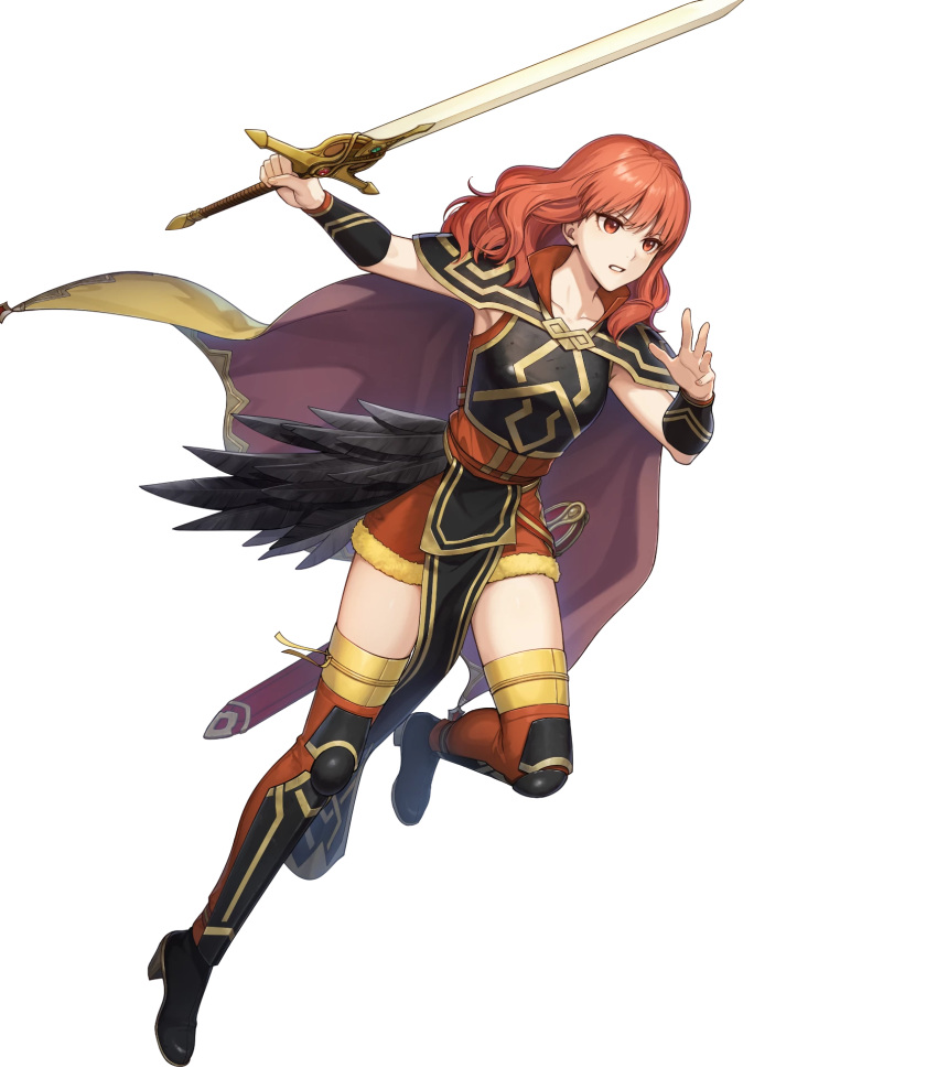 1girl attack black_footwear boots breasts cape celica_(fire_emblem) celica_(warrior_princess)_(fire_emblem) celica_(warrior_princess)_(resplendent)_(fire_emblem) fire_emblem fire_emblem_echoes:_shadows_of_valentia fire_emblem_heroes highres holding holding_sword holding_weapon medium_breasts medium_hair non-web_source official_alternate_costume official_art pelvic_curtain red_eyes redhead running shoulder_pads solo sword teeth thigh_boots wavy_hair weapon yellow_cape