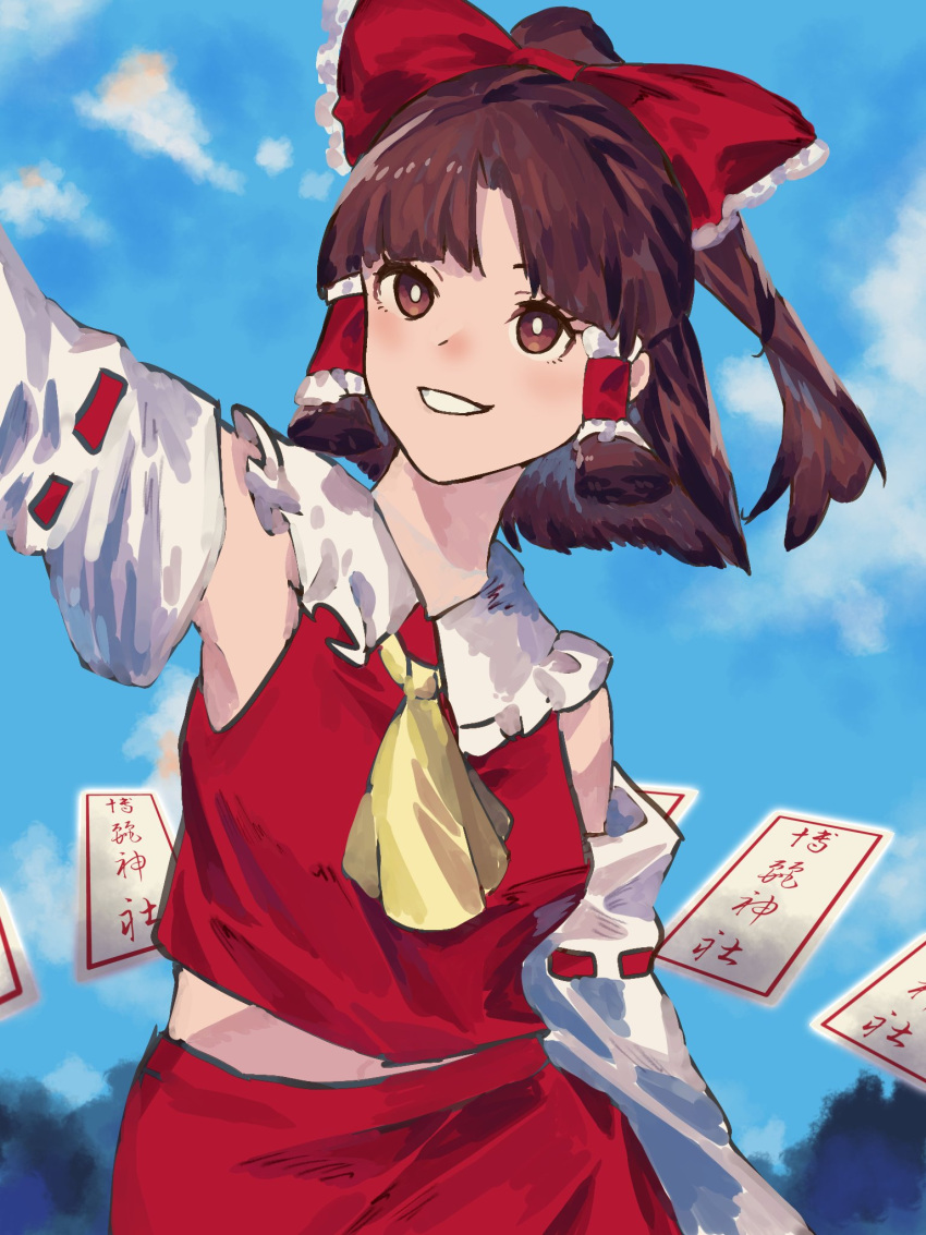 1girl aojirozame1228 arm_at_side arm_up ascot blue_background bow bright_pupils brown_eyes brown_hair card clenched_teeth clouds cowboy_shot detached_sleeves floating_card frilled_bow frilled_hair_tubes frills grin hair_bow hair_tubes hakurei_reimu highres looking_at_viewer medium_hair midriff_peek outdoors red_bow red_skirt red_vest ribbon-trimmed_sleeves ribbon_trim skirt sky smile solo teeth touhou vest white_pupils white_sleeves yellow_ascot