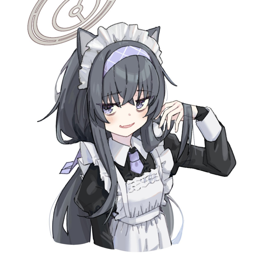 1girl alternate_costume apron black_dress black_hair blue_archive blush dress enmaided highres juliet_sleeves kilabo long_hair long_sleeves looking_at_viewer maid maid_apron maid_headdress open_mouth puffy_sleeves simple_background solo ui_(blue_archive) upper_body violet_eyes whiite_apron white_background