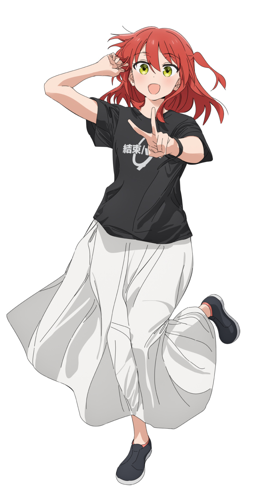 1girl adjusting_hair black_footwear black_shirt bocchi_the_rock! dot_nose full_body hair_between_eyes hands_up highres kessoku_band_logo kessoku_band_t-shirt kita_ikuyo long_hair long_skirt looking_at_viewer official_art one_side_up open_mouth redhead shirt shoes short_sleeves simple_background skirt smile solo standing standing_on_one_leg t-shirt tachi-e transparent_background v white_skirt yellow_eyes