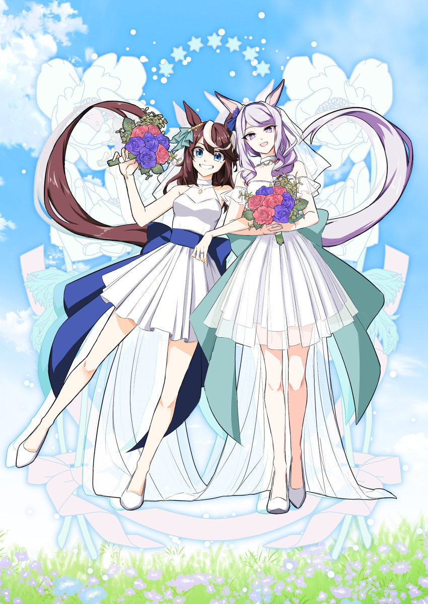 2girls absurdres alternate_costume animal_ears arm_garter bare_shoulders blue_eyes bouquet breasts bridal_veil brown_hair choker clouds dress drop_shadow flower full_body grass grin hair_down high_heels highres holding holding_bouquet horse_ears horse_girl horse_tail korean_commentary locked_arms long_hair looking_at_viewer mejiro_mcqueen_(umamusume) multicolored_hair multiple_girls open_mouth own_hands_together purple_hair sleeveless sleeveless_dress small_breasts smile streaked_hair tail taisaaa tokai_teio_(umamusume) umamusume veil violet_eyes white_dress white_footwear yuri