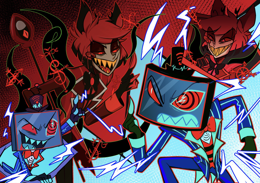 2boys absurdres alastor_(hazbin_hotel) animal_ears black_headwear blue_teeth bow bowtie circle_facial_mark coat colored_sclera colored_skin deer_boy deer_ears demon demon_boy dress gainen_chang gloves grin hat hazbin_hotel highres holding jacket male_focus microphone monocle multiple_boys open_mouth red_eyes red_sclera red_suit redhead sharp_teeth short_hair signal_bar smile solid_eye striped_clothes striped_coat striped_vest suit teeth tentacles top_hat traditional_bowtie two-tone_hat vertical-striped_clothes vertical-striped_vest vest vintage_microphone vox_(hazbin_hotel) yellow_teeth