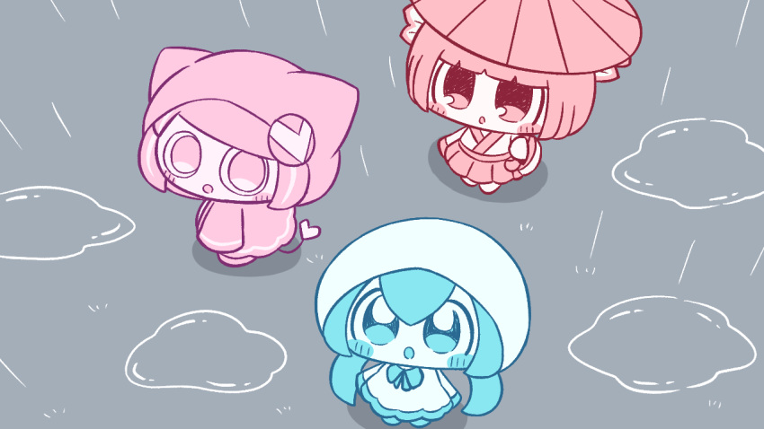 3girls :o amedama_(vocaloid) aqua_eyes aqua_hair aqua_leggings aqua_ribbon arms_at_sides blunt_bangs blunt_ends chibi chibi_only dress hairpods hatsune_miku holding holding_umbrella hood hooded_dress hooded_jacket jacket long_hair long_sleeves looking_at_another looking_at_viewer multiple_girls neck_ribbon no_shoes open_mouth pepoyo pink_eyes pink_hair pink_hood pink_jacket poyoroid puddle rain red_eyes red_skirt red_umbrella redhead ribbon short_hair skirt swept_bangs tail umbrella utau vocaloid vy1 white_dress white_hood