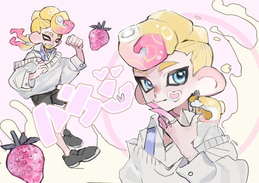 1boy black_footwear blonde_hair blue_eyes closed_eyes closed_mouth commentary_request earrings eyebrow_cut food fruit gradient_hair highres jewelry medium_hair mohawk multicolored_hair multiple_views octoling_boy octoling_player_character pink_background pink_hair qiu_qiu_dbao shoes smile splatoon_(series) splatoon_3 strawberry sweater teeth tentacle_hair thick_eyebrows translation_request two-tone_hair upper_teeth_only white_sweater wide_sleeves