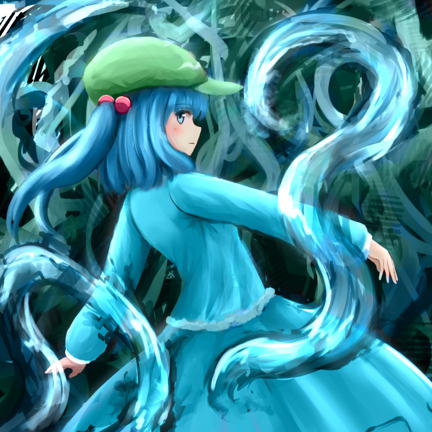 1girl blue_eyes blue_hair blue_shirt blue_skirt closed_mouth commentary_request expressionless flat_cap green_headwear hair_bobbles hair_ornament hat highres hydrokinesis kawashiro_nitori kuneamorai long_sleeves looking_at_viewer medium_hair shirt skirt solo touhou two_side_up water