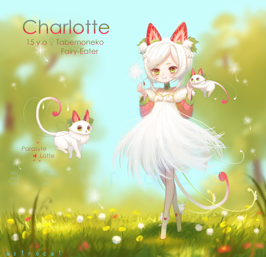 1girl adoptable animal_ears animal_feet ankle_tattoo artist_name astrocatsama bare_legs barefoot_sandals_(jewelry) blue_sky blurry blurry_background braid cat cat_ears cat_tail character_age character_name commentary dandelion_seed day dress english_commentary english_text field flower flower_field food fruit grass green_eyes hair_ears heart heart_tattoo highres knees layered_sleeves light_blush light_smile long_sleeves looking_at_viewer medium_dress open_mouth original outdoors outstretched_arms pink_sleeves puffy_short_sleeves puffy_sleeves short_hair short_over_long_sleeves short_sleeves side_braids sky strawberry strawberry_slice tail tattoo teeth tree venus_symbol white_dress white_hair white_sleeves winged_footwear