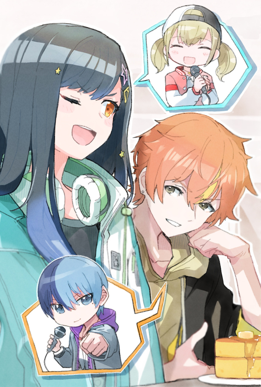 2boys 2girls ;d aoyagi_touya azusawa_kohane backwards_hat baseball_cap black_headwear black_jacket blonde_hair blue_eyes blue_hair blue_jacket clenched_hand collarbone commentary_request dark_blue_hair double-parted_bangs earrings facing_viewer food gradient_hair green_eyes hair_between_eyes hair_ornament hairclip hat headphones headphones_around_neck highres holding holding_microphone hood hood_down hooded_jacket hoodie jacket jewelry letterman_jacket light_blue_hair light_brown_hair long_hair long_sleeves looking_ahead looking_at_viewer low_twintails maple_syrup microphone mole mole_under_eye multicolored_clothes multicolored_hair multicolored_jacket multiple_boys multiple_girls one_eye_closed open_clothes open_jacket open_mouth orange_eyes orange_hair pancake pink_jacket plant project_sekai purple_jacket red_jacket shinonome_akito shiraishi_an shirt short_hair sleeves_past_elbows smile split-color_hair spoken_character star_(symbol) star_hair_ornament streaked_hair streetwear stud_earrings tatuya3363 twintails two-tone_hair two-tone_headwear two-tone_jacket upper_body vivid_bad_squad_(project_sekai) white_background white_headwear white_jacket white_shirt yellow_hoodie