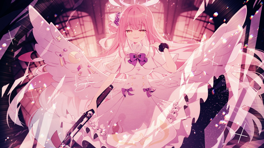 1girl angel_wings blue_archive breasts capelet crescent crescent_pin dress feathered_wings flower gun hair_bun hair_flower hair_ornament halo highres holding holding_gun holding_weapon kasuga_haruhi large_breasts long_hair looking_at_viewer mika_(blue_archive) open_mouth pink_hair pink_halo purple_flower signature single_side_bun smile solo weapon white_capelet white_dress white_wings wings yellow_eyes