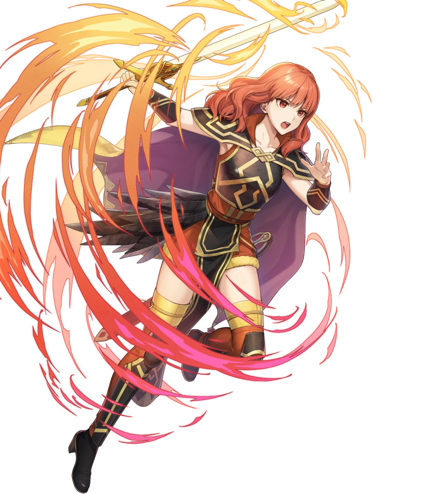 1girl attack black_footwear boots breasts cape celica_(fire_emblem) celica_(warrior_princess)_(fire_emblem) celica_(warrior_princess)_(resplendent)_(fire_emblem) fire_emblem fire_emblem_echoes:_shadows_of_valentia fire_emblem_heroes glowing glowing_weapon highres holding holding_sword holding_weapon medium_breasts medium_hair non-web_source official_alternate_costume official_art open_mouth pelvic_curtain red_eyes redhead running shoulder_pads solo sword thigh_boots wavy_hair weapon yellow_cape