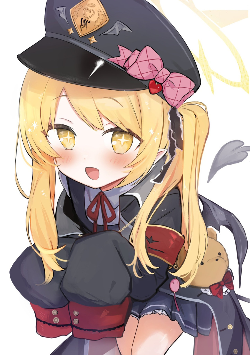 +_+ 1girl :d armband black_coat black_dress black_headwear black_ribbon black_tail black_wings blonde_hair blue_archive blush bow coat collared_shirt commentary cowboy_shot crime_prevention_buzzer demon_tail demon_wings dot_nose dress hair_ribbon halo hat hat_bow hat_ornament heart heart_hat_ornament highres ibuki_(blue_archive) long_hair looking_at_viewer low_wings neck_ribbon neku01n open_clothes open_coat open_mouth peaked_cap pinafore_dress pink_bow red_armband red_ribbon ribbon shirt side_ponytail simple_background sleeveless sleeveless_dress sleeves_past_fingers sleeves_past_wrists smile solo tail white_background white_coat white_shirt wide_sleeves wings yellow_eyes yellow_halo