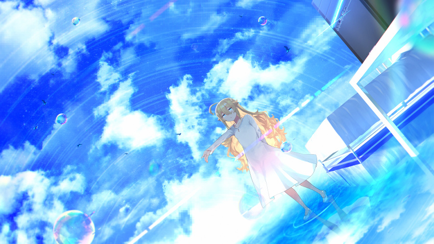 1girl absurdres ahoge bed blonde_hair blue_eyes blue_sky character_request clouds collagen dress expressionless flat_chest full_body highres key_visual long_hair official_art outstretched_arm promotional_art ripples sky solo table teikan_no_eve_bethel water water_drop wavy_hair white_dress