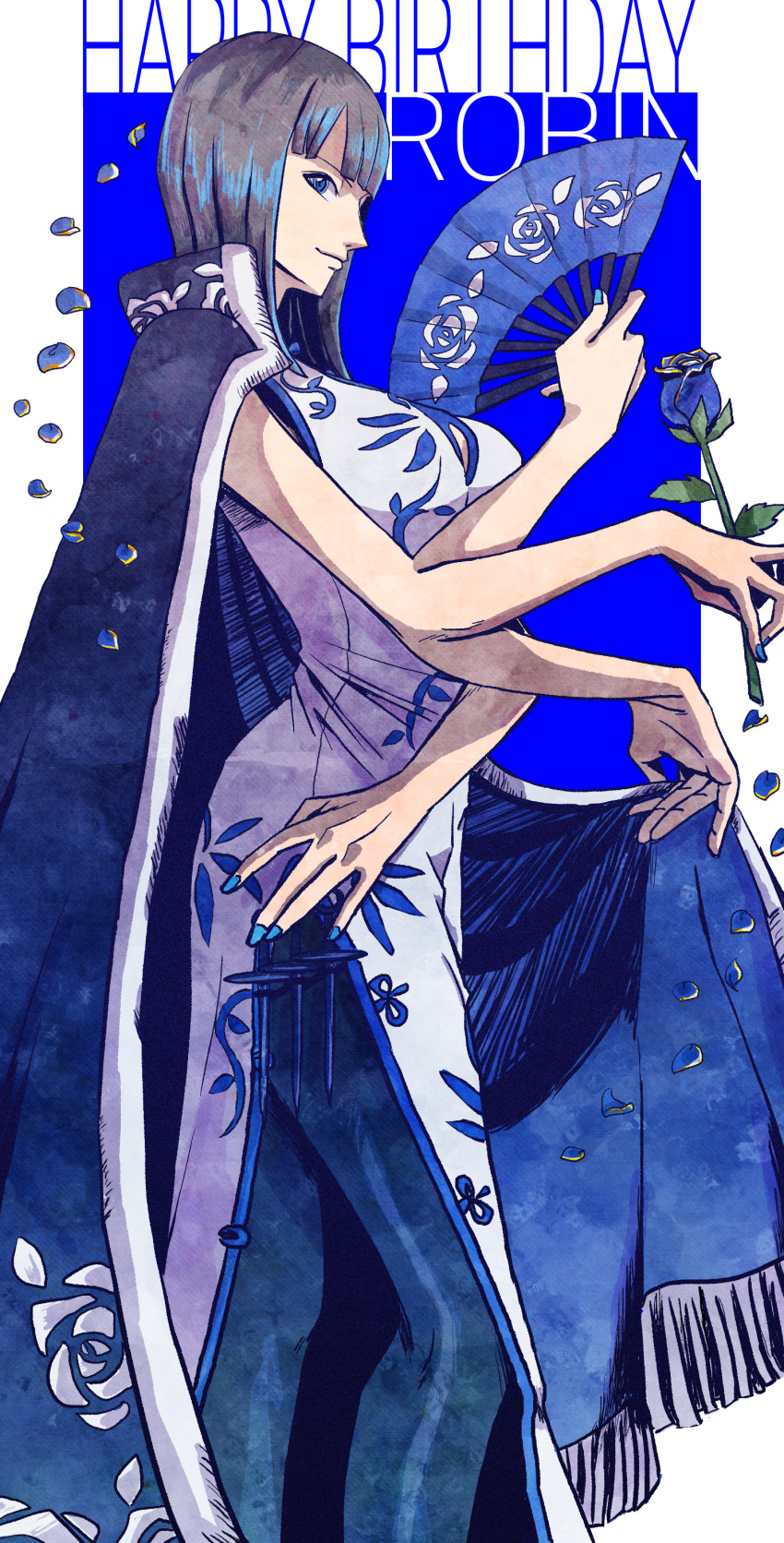1girl absurdres blue_eyes blue_flower blue_nails blue_rose blueeblin blunt_bangs cape character_name commentary_request dress extra_arms flower hand_fan happy_birthday highres holding holding_flower light_smile nico_robin one_piece pants petals profile rose solo