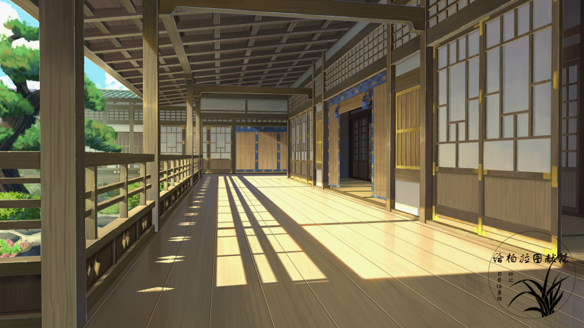 architecture artist_logo bamboo_screen blue_sky clouds day east_asian_architecture highres no_humans original scenery shade shouji sky sliding_doors tree wooden_floor xingzhi_lv