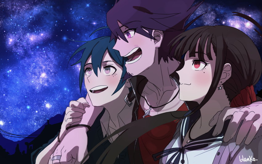 1girl 2boys :3 ahoge arms_around_neck artist_name belt belt_buckle black_belt black_bracelet black_jacket black_sailor_collar blanko! blue_eyes blue_hair brown_hair buckle buttons cardigan closed_mouth collarbone collared_shirt commentary danganronpa_(series) danganronpa_v3:_killing_harmony earrings english_commentary eyelashes facial_hair goatee grey_cardigan hair_between_eyes hand_on_another's_shoulder harukawa_maki high_collar highres holding_another's_arm jacket jewelry long_hair looking_ahead looking_up low_twintails mole mole_under_eye momota_kaito mountainous_horizon multiple_boys necklace night night_sky open_belt open_cardigan open_clothes open_mouth outdoors pectoral_cleavage pectorals power_lines purple_hair red_eyes red_scrunchie red_shirt red_sleeves ring rocket saihara_shuichi sailor_collar sailor_shirt scrunchie shirt sky sleeveless sleeveless_jacket smile spiky_hair star_(sky) star_(symbol) star_earrings starry_sky teeth tree twintails upper_body violet_eyes white_shirt zipper
