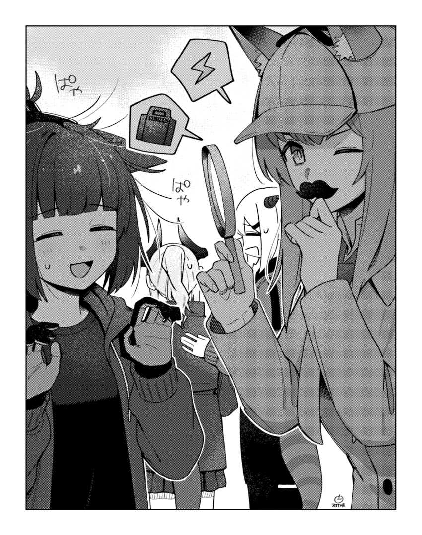 4girls absurdres alternate_costume animal_ear_fluff animal_ears annoyed arknights blush border cat_ears cat_girl closed_eyes commentary_request deerstalker demon_girl demon_horns dragon_girl dragon_horns dragon_tail facing_away fake_facial_hair fake_mustache franka_(arknights) hand_on_another's_back hat highres holding holding_magnifying_glass hood hoodie horns jessica_(arknights) lightning_bolt_symbol liskarm_(arknights) long_hair magnifying_glass messy_hair monochrome multiple_girls nervous one_eye_closed ponytail short_hair speech_bubble suika_aji sweat tail thinking translation_request two-sided_gloves vanilla_(arknights) wolf_ears wolf_girl