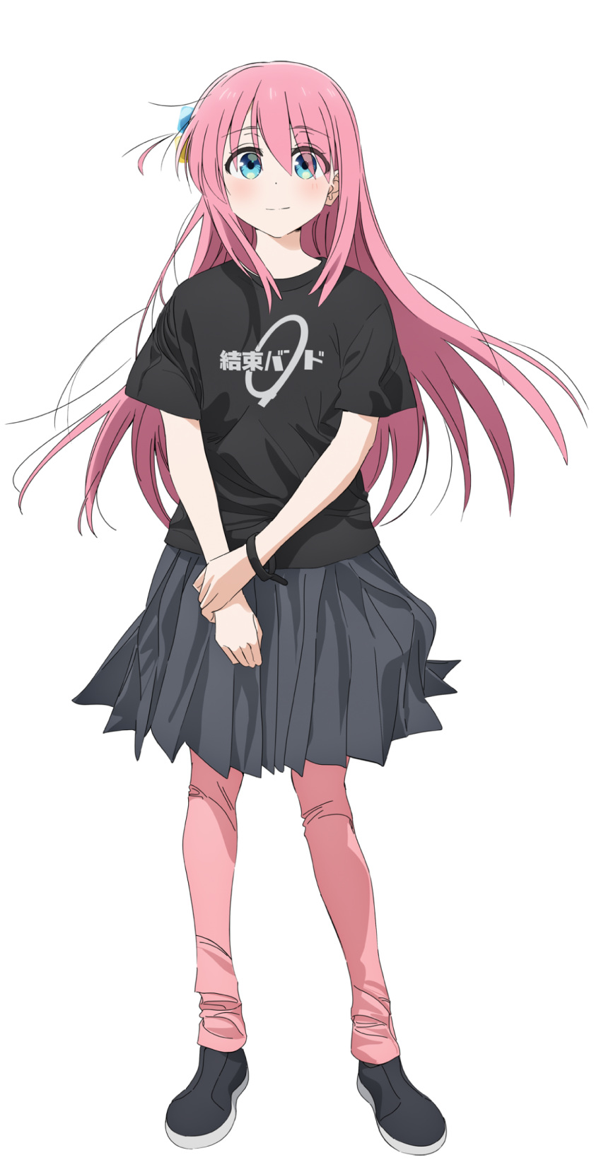 1girl black_footwear black_shirt blue_eyes blush bocchi_the_rock! closed_mouth cube_hair_ornament dot_nose flat_chest full_body gotoh_hitori grey_skirt hair_between_eyes hair_ornament hand_on_own_wrist highres kessoku_band_logo kessoku_band_t-shirt light_smile long_hair looking_at_viewer official_art one_side_up pants pink_hair pink_pants pleated_skirt shirt shoes short_sleeves sidelocks simple_background skirt smile solo standing t-shirt tachi-e transparent_background