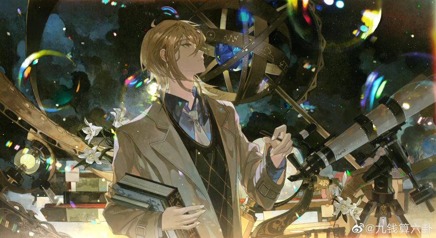 1boy absurdres alkaid_mcgrath armillary_sphere between_fingers black_sweater_vest blonde_hair blue_shirt book book_stack brown_jacket bubble closed_mouth clouds collared_shirt flower globe green_eyes hair_between_eyes highres holding holding_book holding_pen jacket lapels lily_(flower) long_sleeves looking_up lovebrush_chronicles male_focus medium_hair necktie night notched_lapels observatory pen profile shachang shirt sky solo star_(sky) starry_sky sweater_vest telescope upper_body weibo_logo weibo_username white_flower white_lily white_necktie