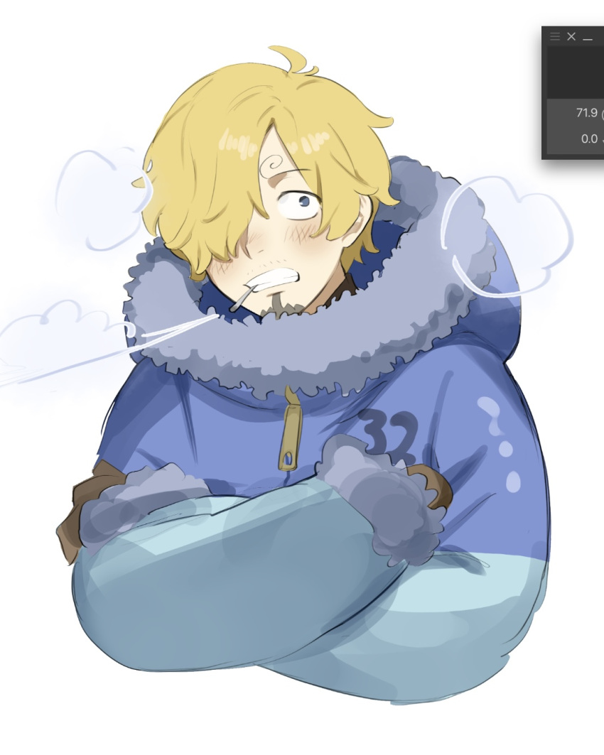 1boy art_program_in_frame blonde_hair blue_coat blue_eyes blush brown_mittens cigarette clip_studio_paint clip_studio_paint_(medium) coat cold cropped_torso crossed_arms curly_eyebrows facial_hair goatee grimace hair_over_one_eye highres male_focus mittens mustache_stubble one_piece sanji_(one_piece) short_hair smoke smoking solo stubble tokoni_fusu white_background zipper_pull_tab