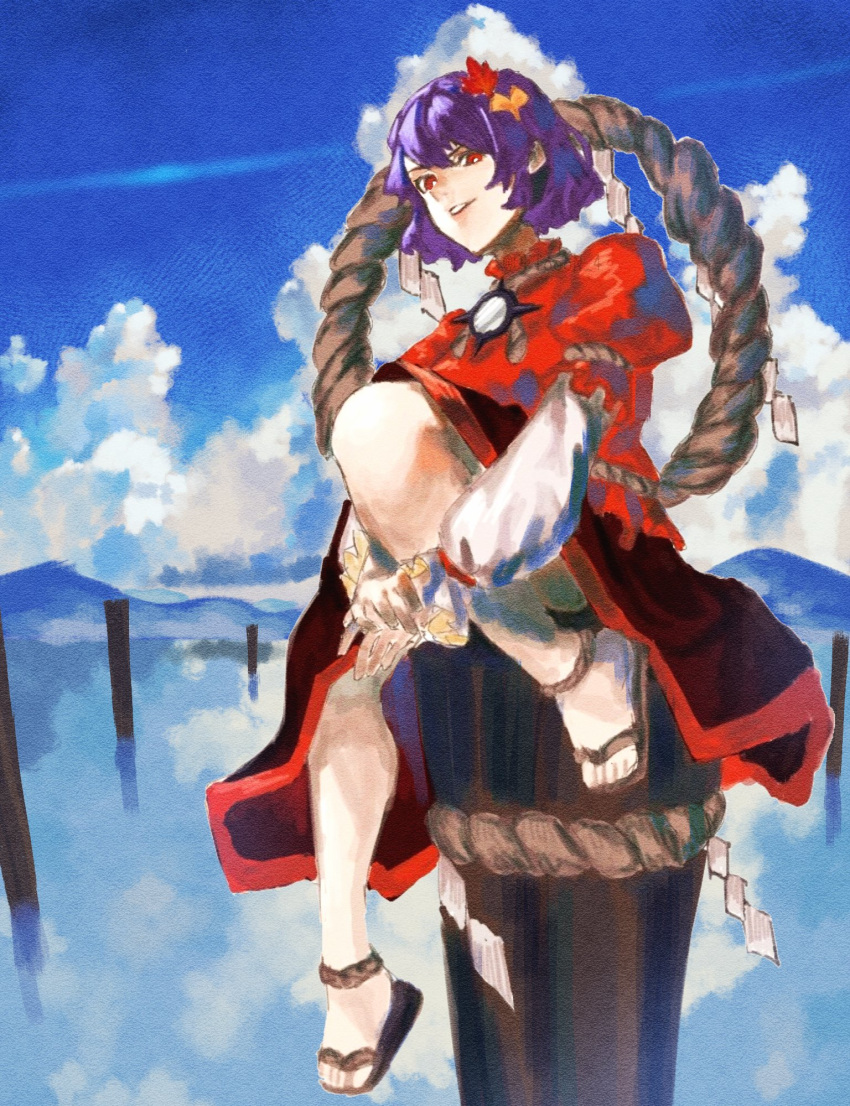 1girl aojirozame1228 bare_legs black_skirt brown_footwear clouds day faux_traditional_media hair_ornament highres hugging_own_legs knee_up leaf_hair_ornament log long_sleeves looking_at_viewer mountainous_horizon ocean outdoors own_hands_together parted_lips puffy_short_sleeves puffy_sleeves purple_hair red_eyes red_shirt reflection reflective_water rope sandals shide shirt short_hair short_sleeves sitting skirt sky solo teeth toes touhou undershirt upper_teeth_only white_sleeves yasaka_kanako zouri