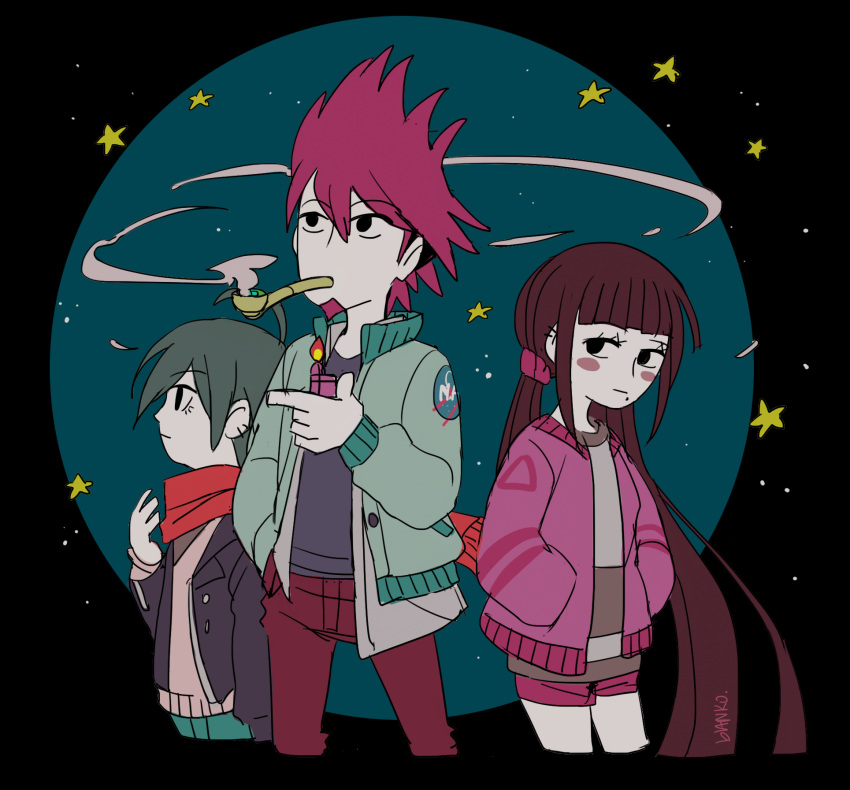 1girl 2boys ahoge alternate_costume aqua_hair artist_name black_background black_eyes black_shirt blanko! blue_jacket blue_pants blue_sleeves blunt_bangs brown_hair buttons circle closed_mouth collared_jacket commentary cropped_legs danganronpa_(series) danganronpa_v3:_killing_harmony denim denim_jacket ear_piercing english_commentary expressionless eyelashes facial_hair fire flat_color fringe_trim from_side goatee grey_shirt hair_between_eyes hand_in_pocket hand_up hands_in_pockets harukawa_maki highres holding holding_lighter holding_smoking_pipe jacket jeans jersey lighter long_hair long_sleeves looking_at_another low_twintails mole mole_under_mouth momota_kaito mouth_hold multiple_boys nasa_logo open_clothes open_jacket pale_skin pants piercing pink_hair pink_jacket pink_scrunchie pink_shorts pink_sleeves pocket red_pants red_scarf saihara_shuichi scarf scrunchie shirt short_hair short_shorts shorts smoke smoking smoking_pipe spiky_hair star_(sky) star_(symbol) sweater_jacket sweater_vest twintails very_long_hair vest white_vest