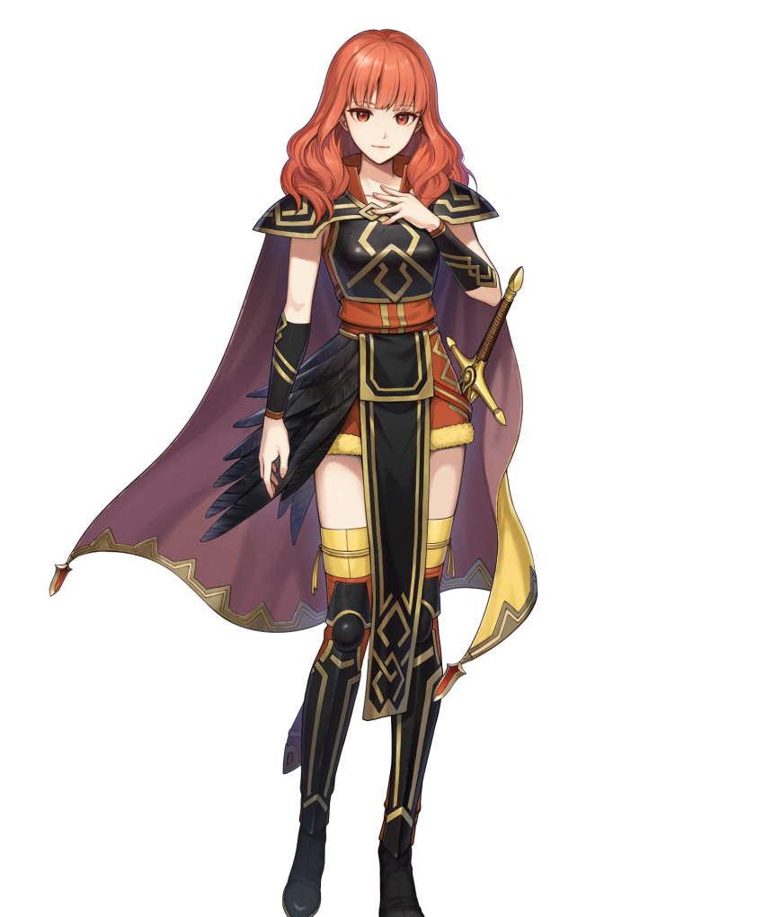 1girl black_footwear boots breasts cape celica_(fire_emblem) celica_(warrior_princess)_(fire_emblem) celica_(warrior_princess)_(resplendent)_(fire_emblem) fire_emblem fire_emblem_echoes:_shadows_of_valentia fire_emblem_heroes hand_on_own_chest highres looking_at_viewer medium_breasts medium_hair non-web_source official_alternate_costume official_art pelvic_curtain red_eyes redhead shoulder_pads smile solo sword tachi-e thigh_boots wavy_hair weapon yellow_cape