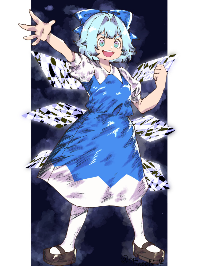 1girl :d aojirozame1228 arm_up bare_arms black_background black_footwear blue_bow blue_dress blue_hair bow breasts bright_pupils cirno clenched_hand dress full_body green_eyes hair_bow hair_intakes hand_up highres ice ice_wings light_blue_hair looking_at_viewer mary_janes open_hand open_mouth outside_border pantyhose pillarboxed puffy_short_sleeves puffy_sleeves shoes short_hair short_sleeves small_breasts smile solo standing teeth touhou two-tone_eyes upper_teeth_only violet_eyes white_pantyhose white_pupils wings