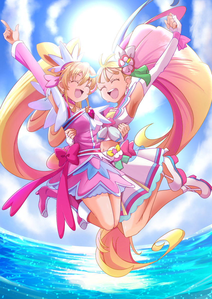 2girls absurdres aida_mana ankle_bow arm_around_waist arm_up armpits blonde_hair blue_sky boots bow brooch choker closed_eyes clouds cloudy_sky commentary cure_heart cure_summer detached_sleeves dokidoki!_precure dress dress_bow earrings elbow_gloves eyelash_ornament facing_viewer fingerless_gloves flower glove_bow gloves gradient_hair hair_flower hair_ornament half_updo happy_birthday heart heart_brooch heart_hair_ornament hibiscus high_heel_boots high_heels high_ponytail highres horizon index_finger_raised jewelry jumping knee_boots legs_up long_hair magical_girl midriff miniskirt multicolored_hair multiple_girls natsuumi_manatsu ocean open_mouth pink_arm_warmers pink_bow pink_choker pink_dress pink_footwear pink_hair pink_sailor_collar pink_sleeves pleated_skirt ponytail pouch precure sailor_collar shell_brooch shirt shoes short_sleeves side_ponytail skirt sky sleeveless sleeveless_shirt smile sun tirofinire triangle_earrings tropical-rouge!_precure very_long_hair waist_bow water white_choker white_footwear white_gloves white_shirt white_skirt wide_ponytail wrist_bow