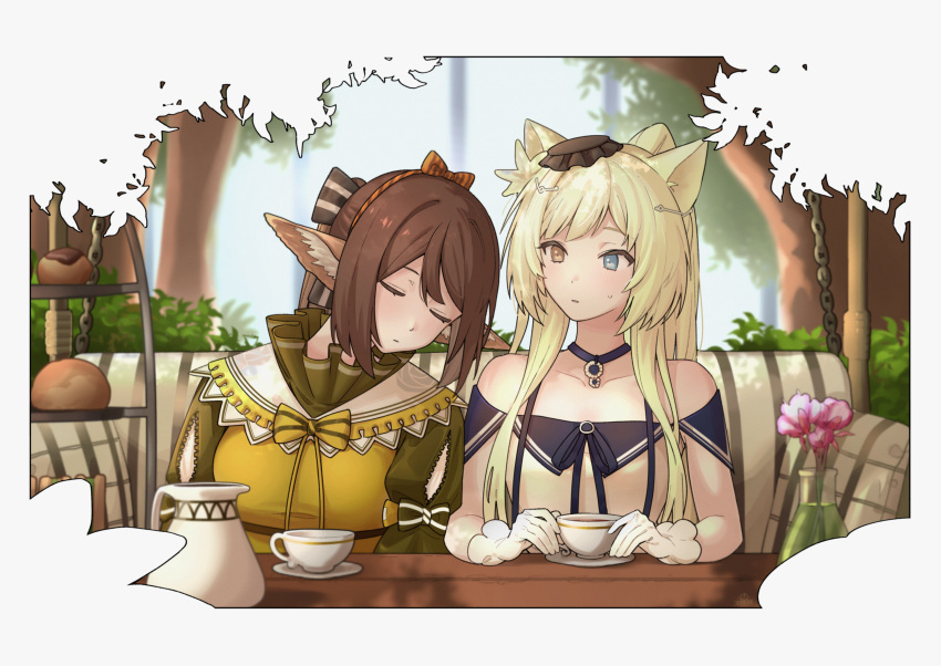 absurdres animal_ear_fluff animal_ears arknights bench black_bow black_headwear blonde_hair blue_eyes border bow bread breasts brown_hair bush cat_ears cat_girl closed_eyes commentary_request cup detached_collar dress flower food fox_ears fox_girl gloves green_sleeves hairband hat head_on_another's_shoulder heterochromia high_collar highres medium_breasts mini_hat nightmare_(arknights) nightmare_(light_and_shadow)_(arknights) off-shoulder_dress off_shoulder official_alternate_costume ornate_border outdoors perfumer_(arknights) perfumer_(leisurely_afternoon)_(arknights) picnic_table pink_flower plant potted_plant sandwich saucer shirt short_hair sidelocks striped_bow suika_aji surprised swing table teacup teapot tiered_tray tree upper_body white_bow white_gloves yellow_dress yellow_eyes yellow_shirt