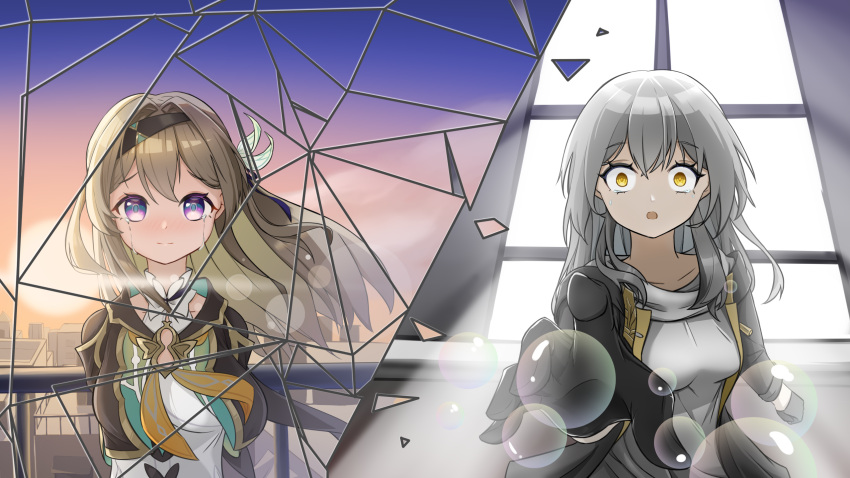 2girls black_hairband black_jacket blue_pupils bow bubble closed_mouth clouds collarbone cropped_jacket crossed_bangs evening firefly_(honkai:_star_rail) floating_hair green_hair grey_hair hair_between_eyes hair_bow hair_intakes hairband highres honkai:_star_rail honkai_(series) jacket long_hair looking_at_viewer multiple_girls nahimbei neckerchief open_clothes open_jacket open_mouth orange_eyes orange_neckerchief pink_eyes railing shirt sidelocks smile stelle_(honkai:_star_rail) trailblazer_(honkai:_star_rail) upper_body white_bow white_shirt wide-eyed