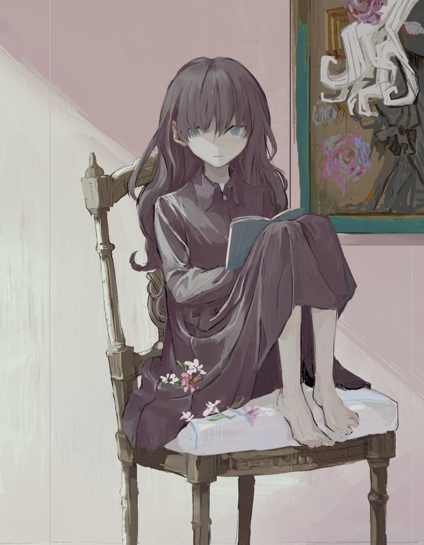 1girl :| barefoot book book_on_lap brown_dress brown_hair closed_mouth collared_dress dress expressionless flower full_body grey_eyes highres holding holding_book indoors knees_up long_hair looking_to_the_side on_chair original painting_(object) pink_flower sitting skkc_128 solo