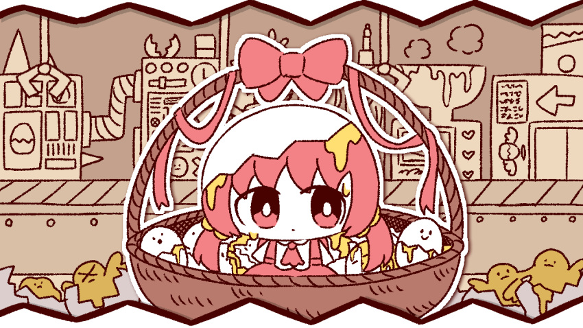 1girl alternate_hair_color ascot basket bird bow bright_pupils chibi chibi_only chick closed_mouth collared_shirt colored_skin conveyor_belt cracked_egg dress egg expressionless facing_viewer kaai_yuki looking_to_the_side low_twintails machine pepoyo pinafore_dress red_ascot red_bow red_dress red_eyes red_ribbon redhead ribbon shirt sleeveless sleeveless_dress solo tamago_(vocaloid) twintails vocaloid white_pupils white_shirt white_skin