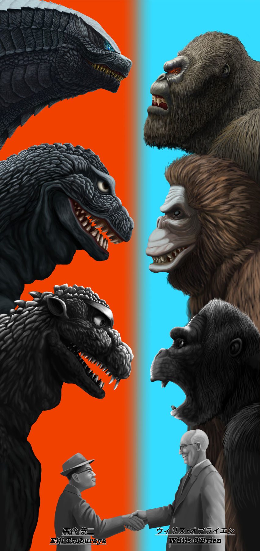 2boys absurdres animal ape character_request copyright_request crossover dinosaur e_senior_0826 eiji_tsuburaya fangs giant giant_monster glowing godzilla godzilla:_king_of_the_monsters godzilla_(monsterverse) godzilla_(series) godzilla_vs._kong godzilla_vs_king_kong gorilla handshake highres jaw kaijuu king_kong king_kong_(series) kong:_skull_island kong_(monsterverse) monster monsterverse multiple_boys open_mouth oversized_animal real_life rivals scales sharp_teeth spines standing tail teeth tokusatsu willis_o'brien yellow_eyes