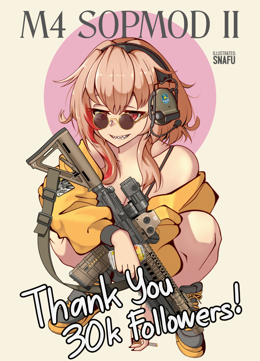 1girl absurdres artist_name assault_rifle black_nails brown_hair can cigarette english_text girls_frontline glasses gun highres holding holding_can holding_cigarette jacket lemonade m4_carbine m4_sopmod_ii_(girls'_frontline) multicolored_hair optical_sight red_eyes rifle sign snafu_(snafy_snu) solo squatting streaked_hair warning_sign weapon white_background yellow_jacket