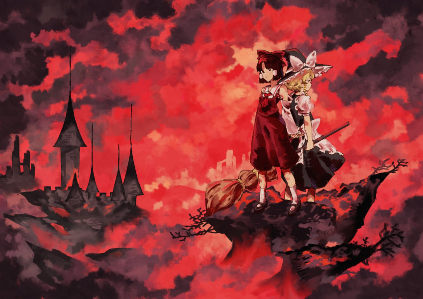 2girls aojirozame1228 apron ascot back-to-back bare_arms black_dress black_footwear blonde_hair bow braid branch breasts bright_pupils broom brown_eyes brown_hair castle closed_mouth clouds dome dress fog frilled_apron frilled_hat frills full_body hair_bow hair_tubes hakurei_reimu hat hat_bow highres holding holding_broom holding_stick kirisame_marisa mary_janes medium_hair multiple_girls outdoors profile puffy_short_sleeves puffy_sleeves red_ascot red_bow red_skirt red_sky red_theme red_vest sailor_collar shoes short_sleeves single_braid skirt sky small_breasts socks standing stick touhou vest white_apron white_bow white_pupils white_sailor_collar white_socks witch_hat