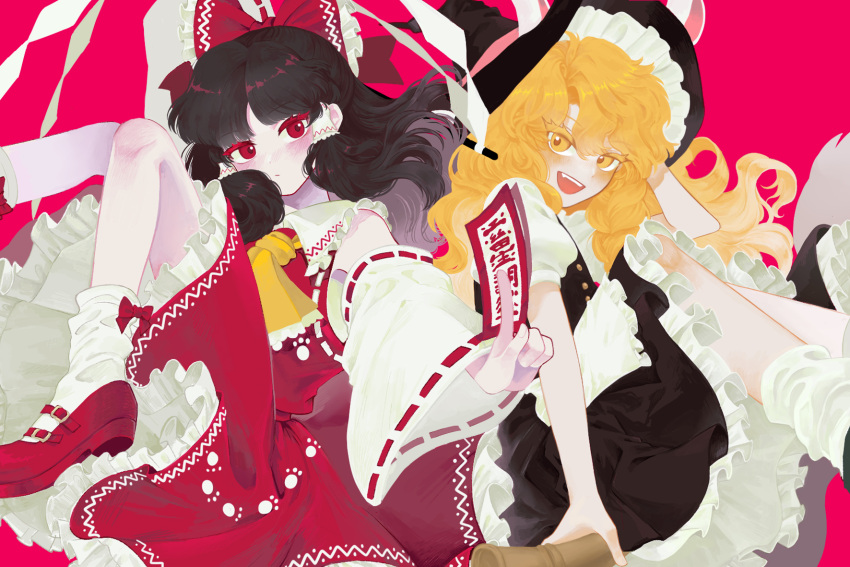2girls :d apron ascot black_footwear black_hair black_headwear black_skirt blonde_hair blush bow commentary_request feet_out_of_frame frilled_apron frilled_skirt frills gohei hair_bow hair_tubes hakurei_reimu hat highres holding_ofuda kirisame_marisa knees_up korean_commentary long_hair loose_socks multiple_girls open_mouth paw_print pink_background red_bow red_footwear red_vest ribbon-trimmed_sleeves ribbon_trim shirt shoes short_sleeves simple_background skirt smile socks stardustreverle touhou unfinished_dream_of_all_living_ghost vest white_apron white_shirt white_sleeves white_socks witch_hat yellow_ascot yellow_eyes