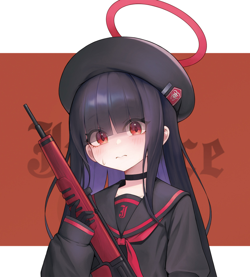 1girl beret black_choker black_gloves black_hair black_headwear black_sailor_collar black_serafuku blue_archive blush choker commentary_request em-2 eyes_visible_through_hair gloves gun hair_over_eyes halo hat highres holding holding_gun holding_weapon hoze justice_task_force_member_(blue_archive) long_bangs long_hair long_sleeves looking_at_viewer neckerchief red_eyes red_halo red_neckerchief rifle sailor_collar school_uniform serafuku sleeves_past_wrists sweatdrop weapon