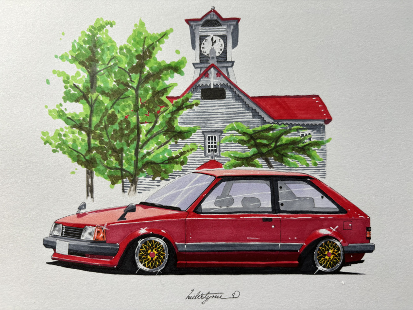 absurdres car church from_side glint highres kulistynu mazda mazda_familia motor_vehicle no_humans original signature stance_(vehicle) traditional_media tree vehicle_focus